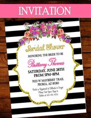 Black and White Stripe INVITATION - Bridal Shower Invite- Rose -Purple