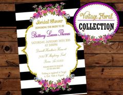 Black and White Bridal Shower INVITATION- Black and White Stripe- Purple